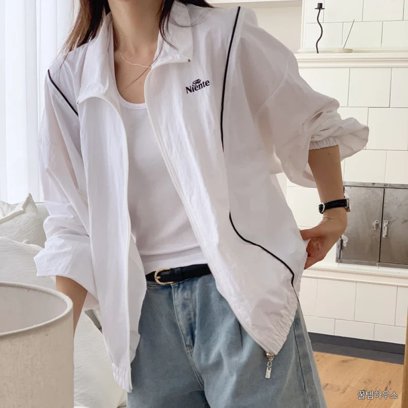여성 라인 배색 나일론 바람막이 간절기 데일리룩 캐주얼 러닝 루즈핏 바스락 윈드브레이커 상세 이미지 2