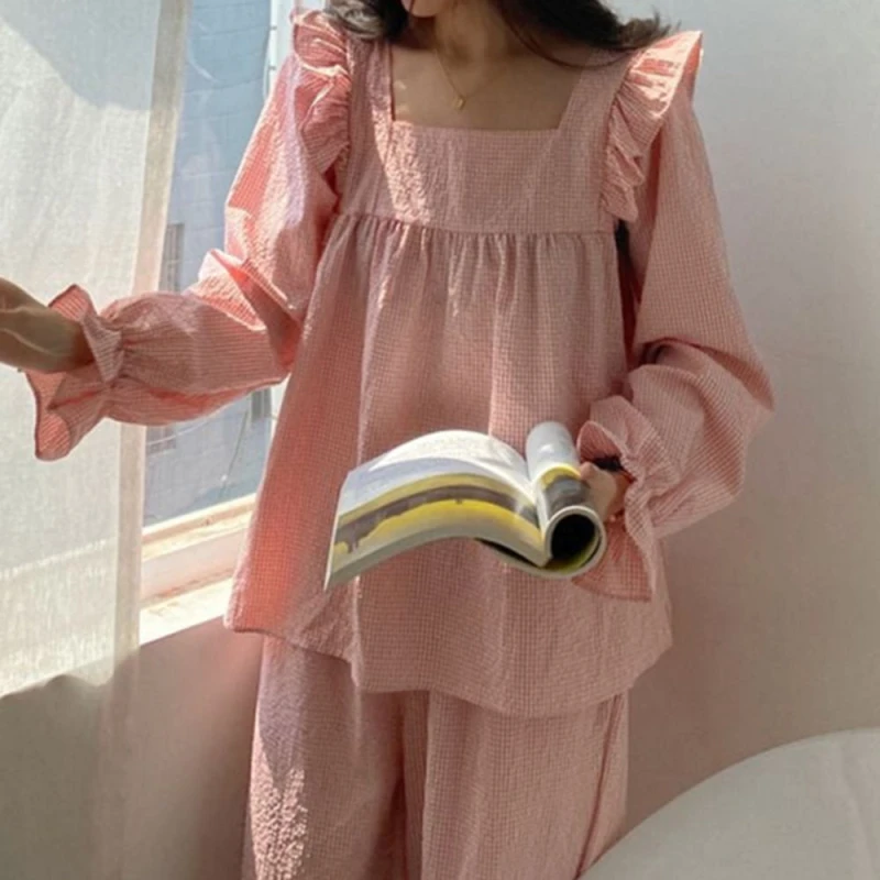프릴 여성 잠옷 라운지 잠옷 상하의 체크 겨울