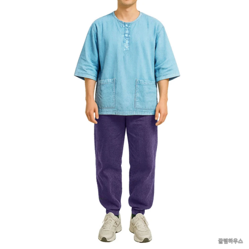 여름 생활한복 티셔츠 헨리넥 7부 전통자수 매듭단추 남녀공용 면 100% 상세 이미지 3