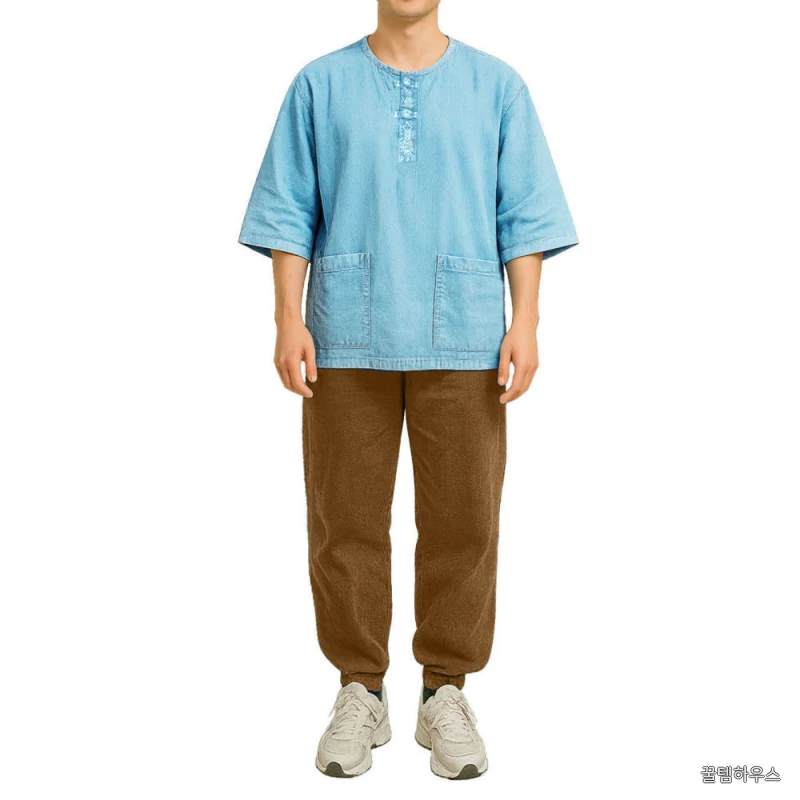 여름 생활한복 티셔츠 헨리넥 7부 전통자수 매듭단추 남녀공용 면 100% 상세 이미지 4