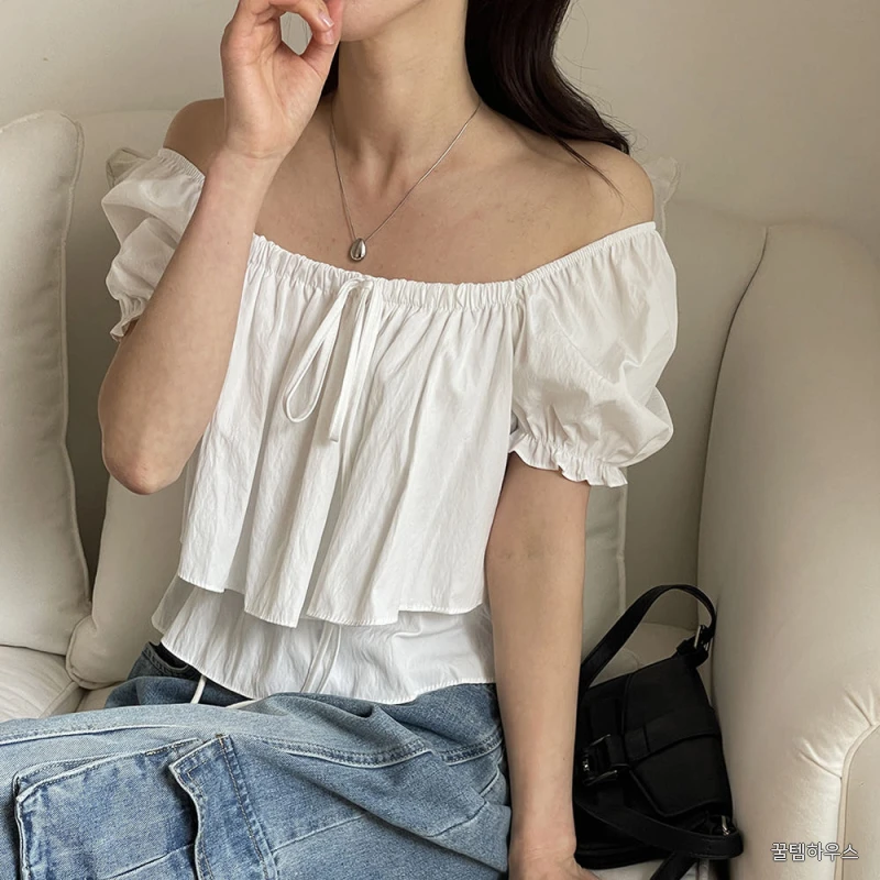 스퀘어넥 셔링 이중 프릴 오프숄더 반팔 블라우스 크롭 퍼프 소매 여성 여름 블라우스 화이트 블랙 상세 이미지 5