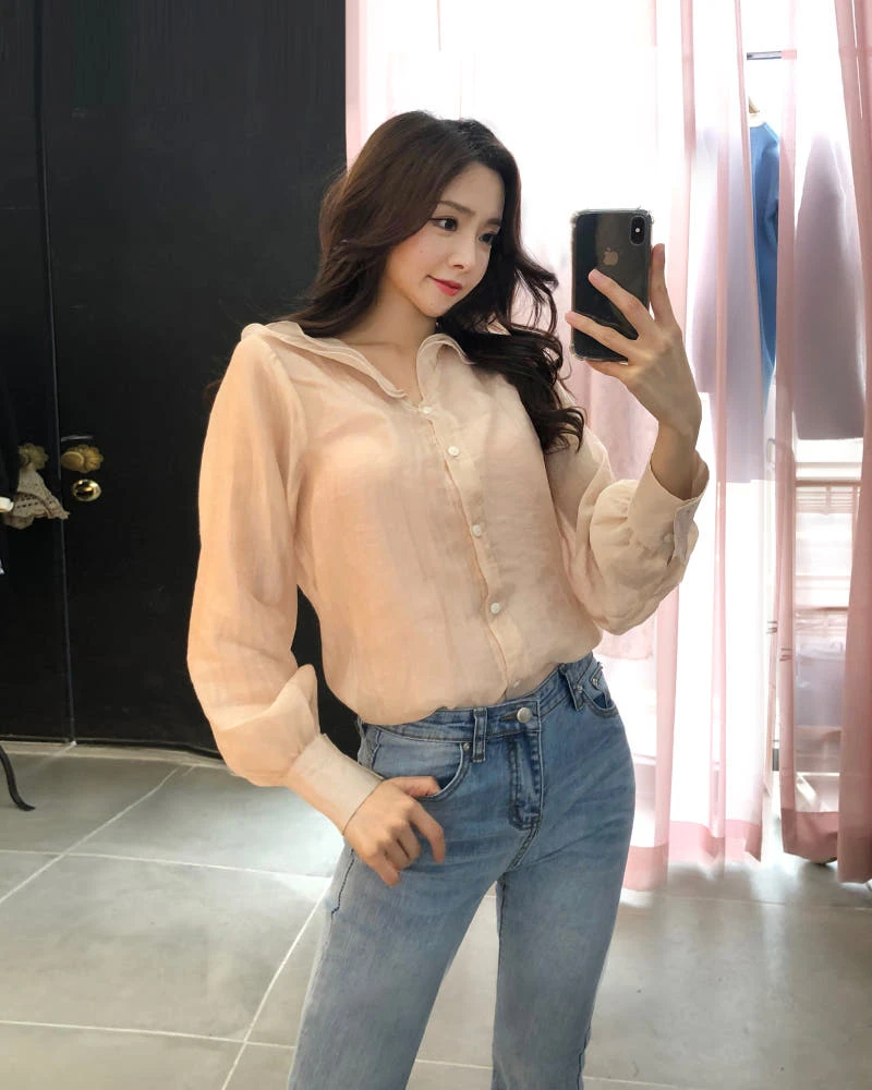 프릴카라 퍼프소매 시스루블라우스