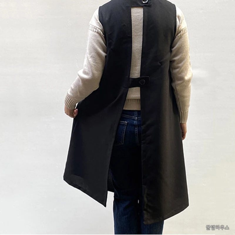 블랙 단추 앞치마 플로리스트 바리스타 어린이집 보육교사 제빵 신혼 원피스형 에이프런 상세 이미지 3