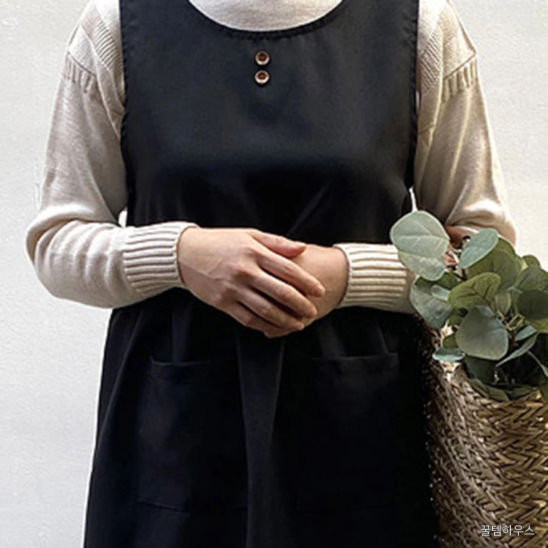 블랙 단추 앞치마 플로리스트 바리스타 어린이집 보육교사 제빵 신혼 원피스형 에이프런 상세 이미지 2