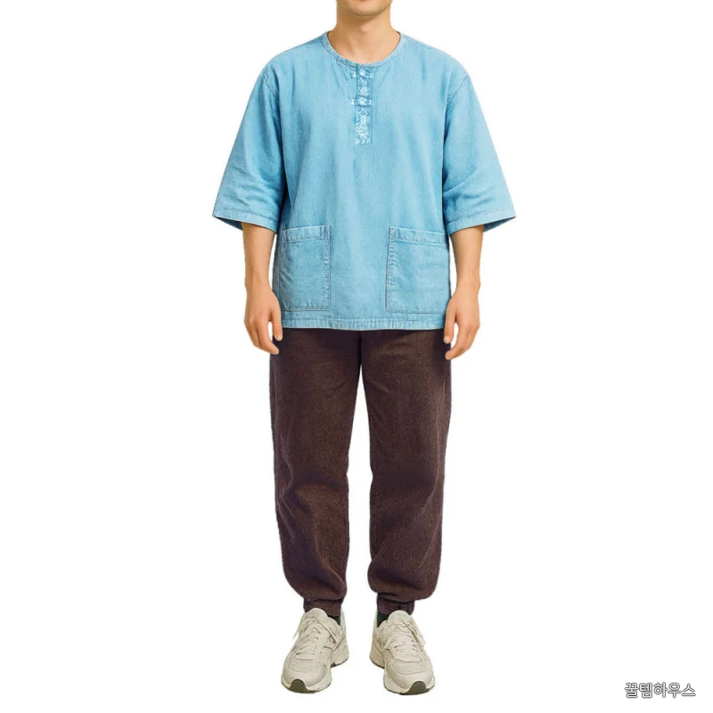 여름 생활한복 티셔츠 헨리넥 7부 전통자수 매듭단추 남녀공용 면 100% 상세 이미지 5