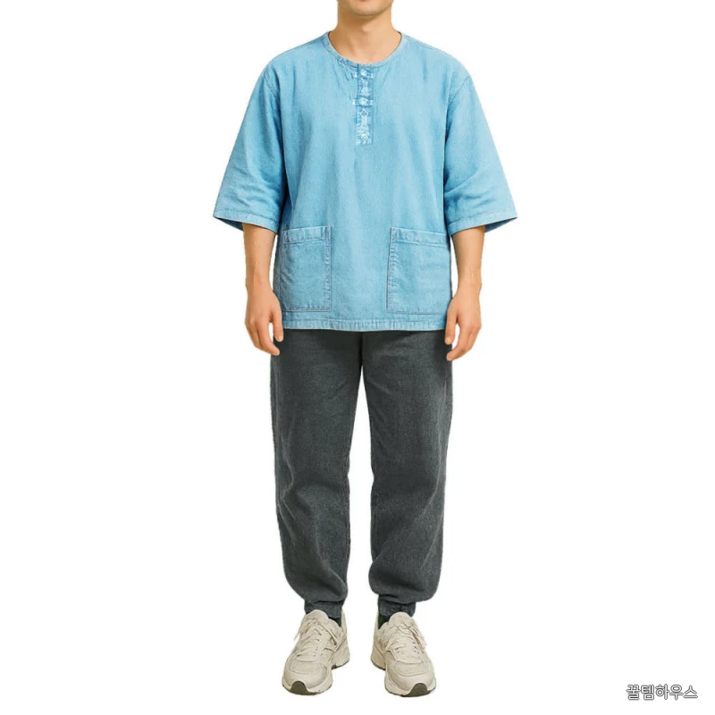 여름 생활한복 티셔츠 헨리넥 7부 전통자수 매듭단추 남녀공용 면 100% 상세 이미지 7