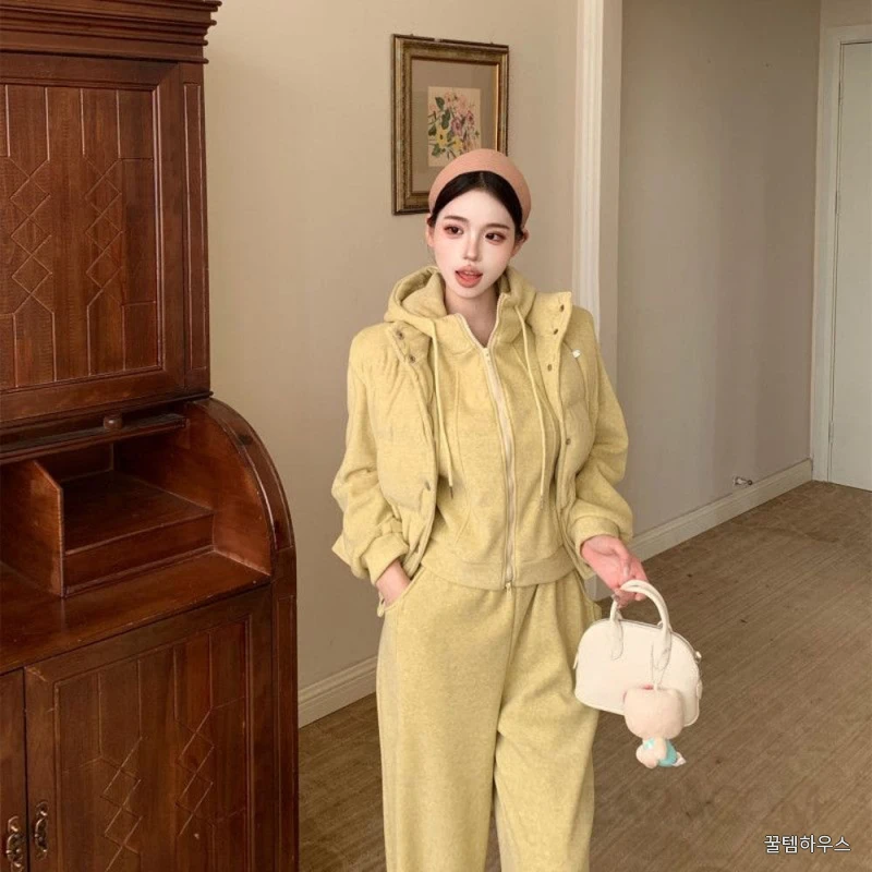 여성 캐주얼 루즈핏 코튼 패딩 조끼 후드 맨투맨 와이드 팬츠 트레이닝복 데일리 스트릿 무드 하이웨스트 밴딩 롱팬츠 코디 상세 이미지 5