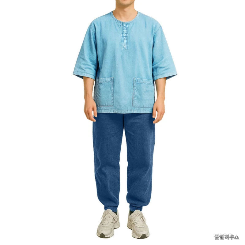 여름 생활한복 티셔츠 헨리넥 7부 전통자수 매듭단추 남녀공용 면 100% 상세 이미지 2