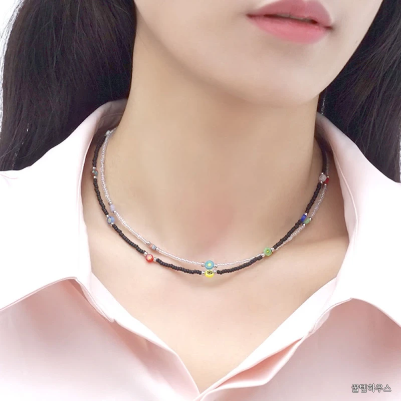 블랙 화이트 비즈 포인트 핸드메이드 목걸이 상세 이미지 4