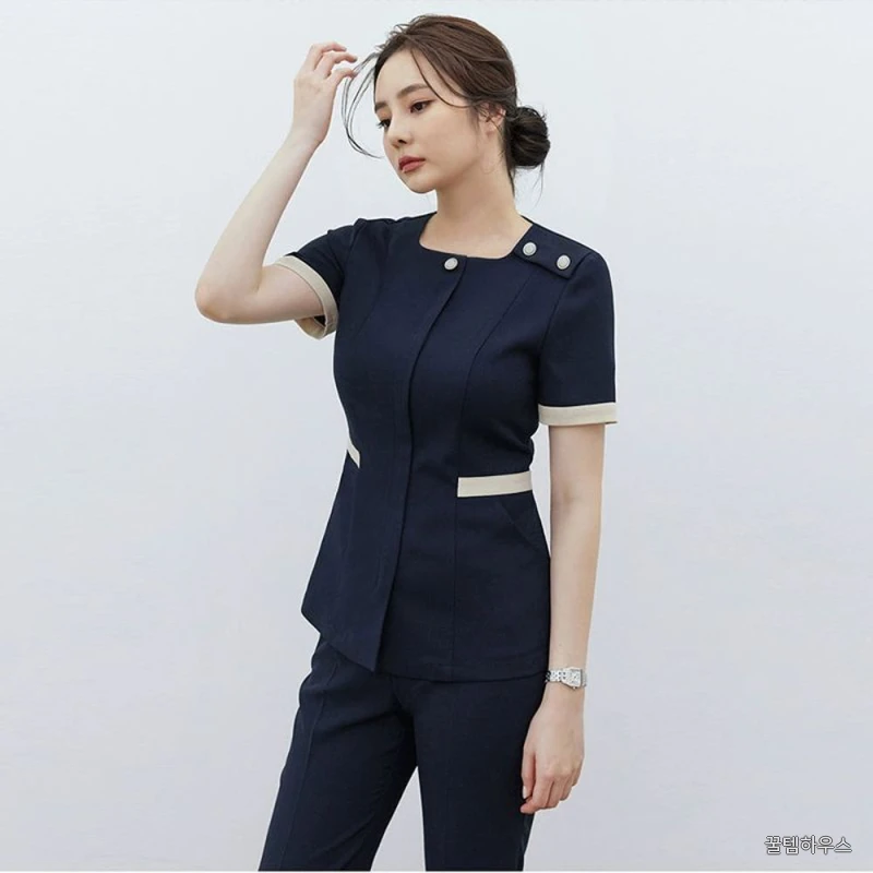 유니폼 반팔 세트 리셉션 성형 외과 근무복 데스크 네이비블루 반팔+네이비블루 바지 S 상세 이미지 2