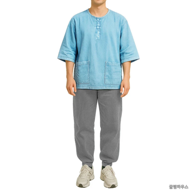 여름 생활한복 티셔츠 헨리넥 7부 전통자수 매듭단추 남녀공용 면 100% 상세 이미지 6