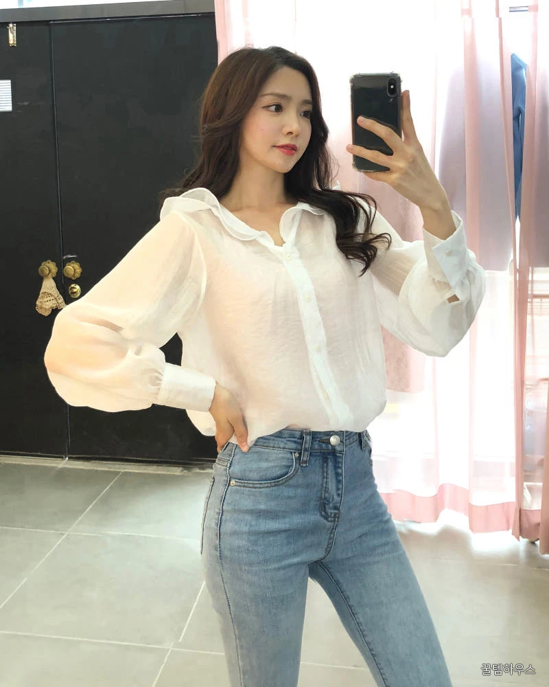 프릴카라 퍼프소매 시스루블라우스 상세 이미지 2