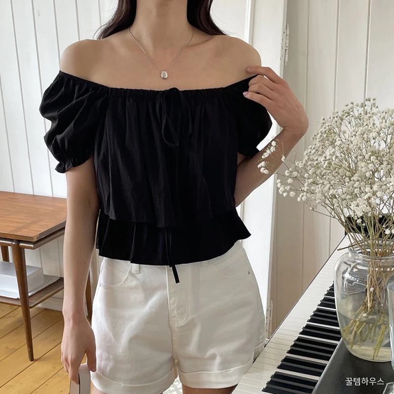 스퀘어넥 셔링 이중 프릴 오프숄더 반팔 블라우스 크롭 퍼프 소매 여성 여름 블라우스 화이트 블랙 상세 이미지 9