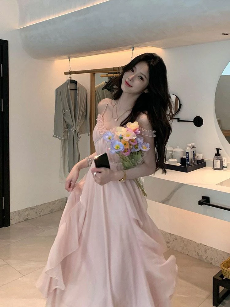 핑크 드레스 롱 웨딩 셀프 스냅 오프숄더 촬영 원피스 핑크 XS
