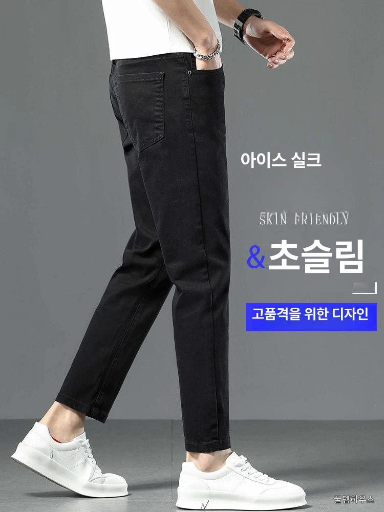 슬림핏 남자청바지 스판 일자핏 워싱 베이직 남성블랙진 테이퍼드진 캐주얼 상세 이미지 2